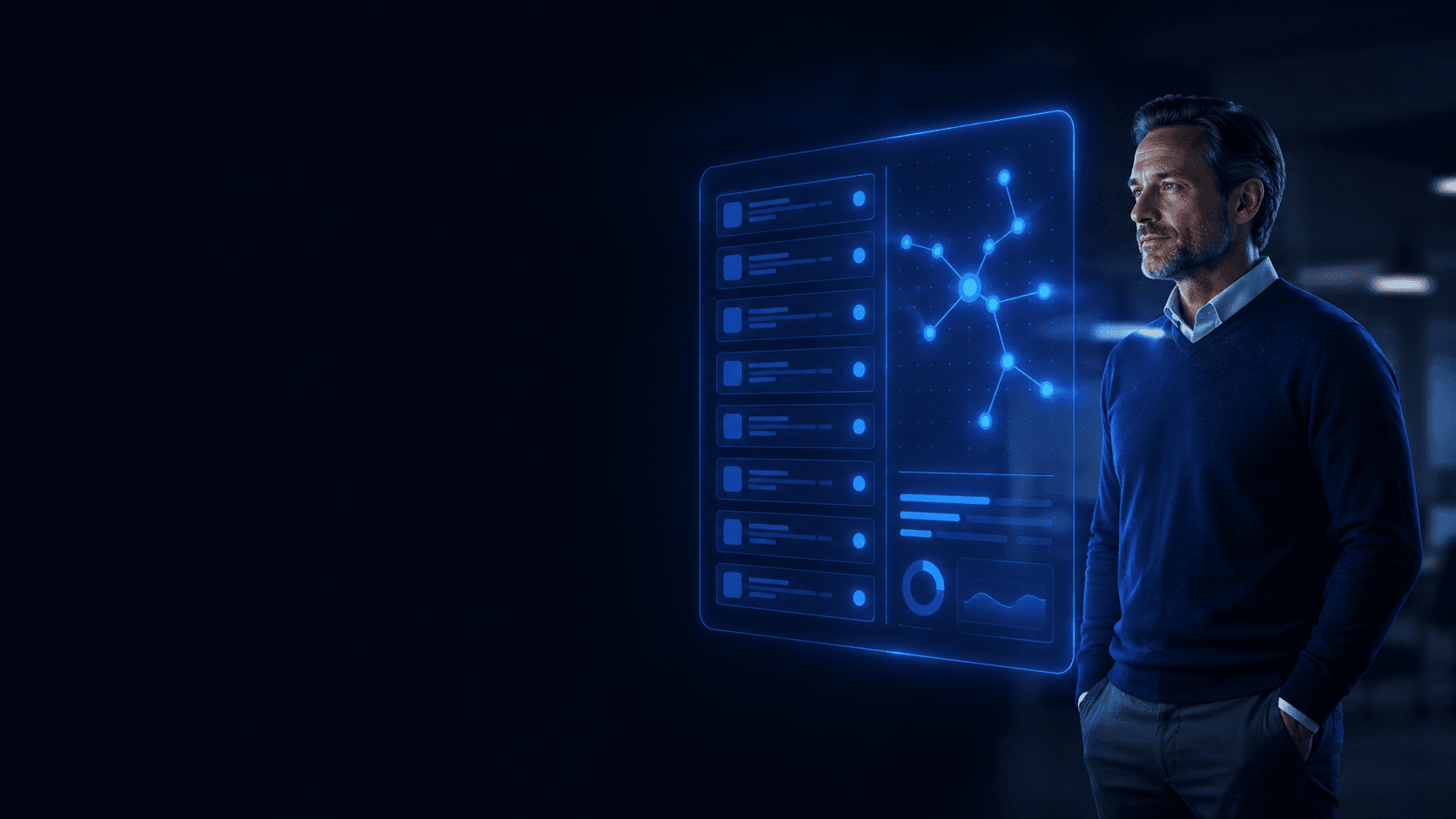 Finance leader reviewing a live governance dashboard of AI-built apps