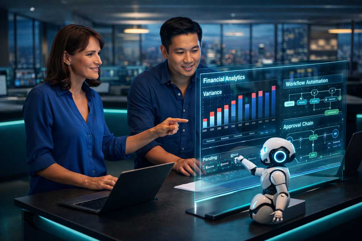 Finance professionals collaborating with AI assistant at a standing desk