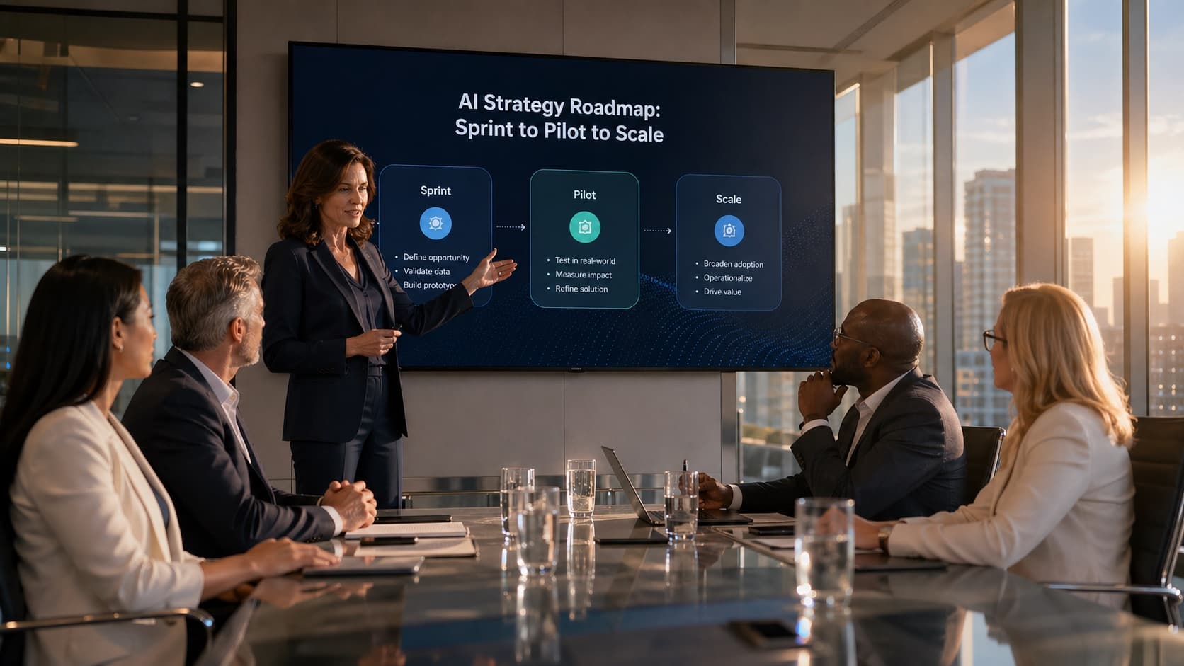Female CFO presenting an AI strategy roadmap covering Sprint, Pilot, and Scale phases to four executives in a glass boardroom at golden hour.