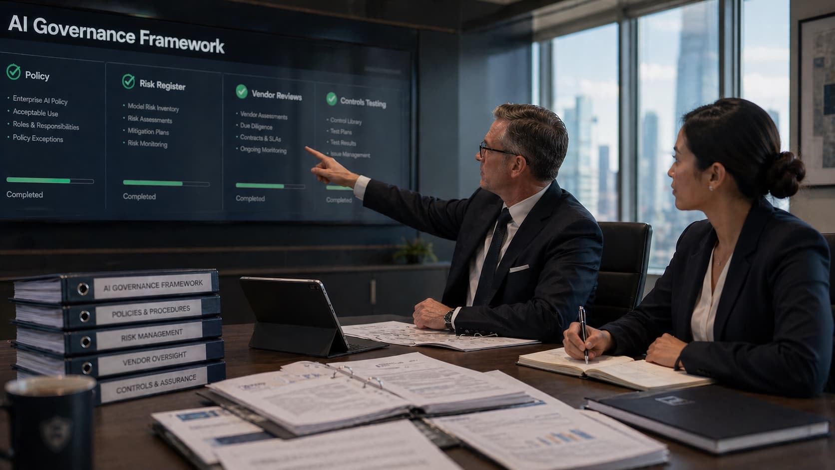 Controller and deputy reviewing an AI Governance Framework wall dashboard with green status tiles for Policy, Risk Register, Vendor Reviews, and Controls Testing.