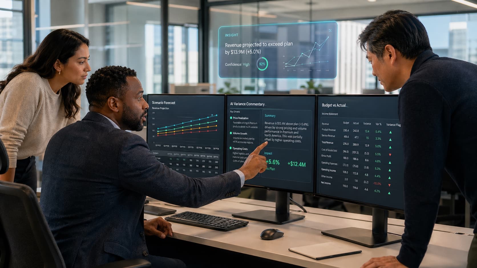 Three FP&A analysts at a triple-monitor workstation reviewing scenario forecasts, AI-generated variance commentary, and a budget-versus-actual comparison with a floating Key Insight overlay.