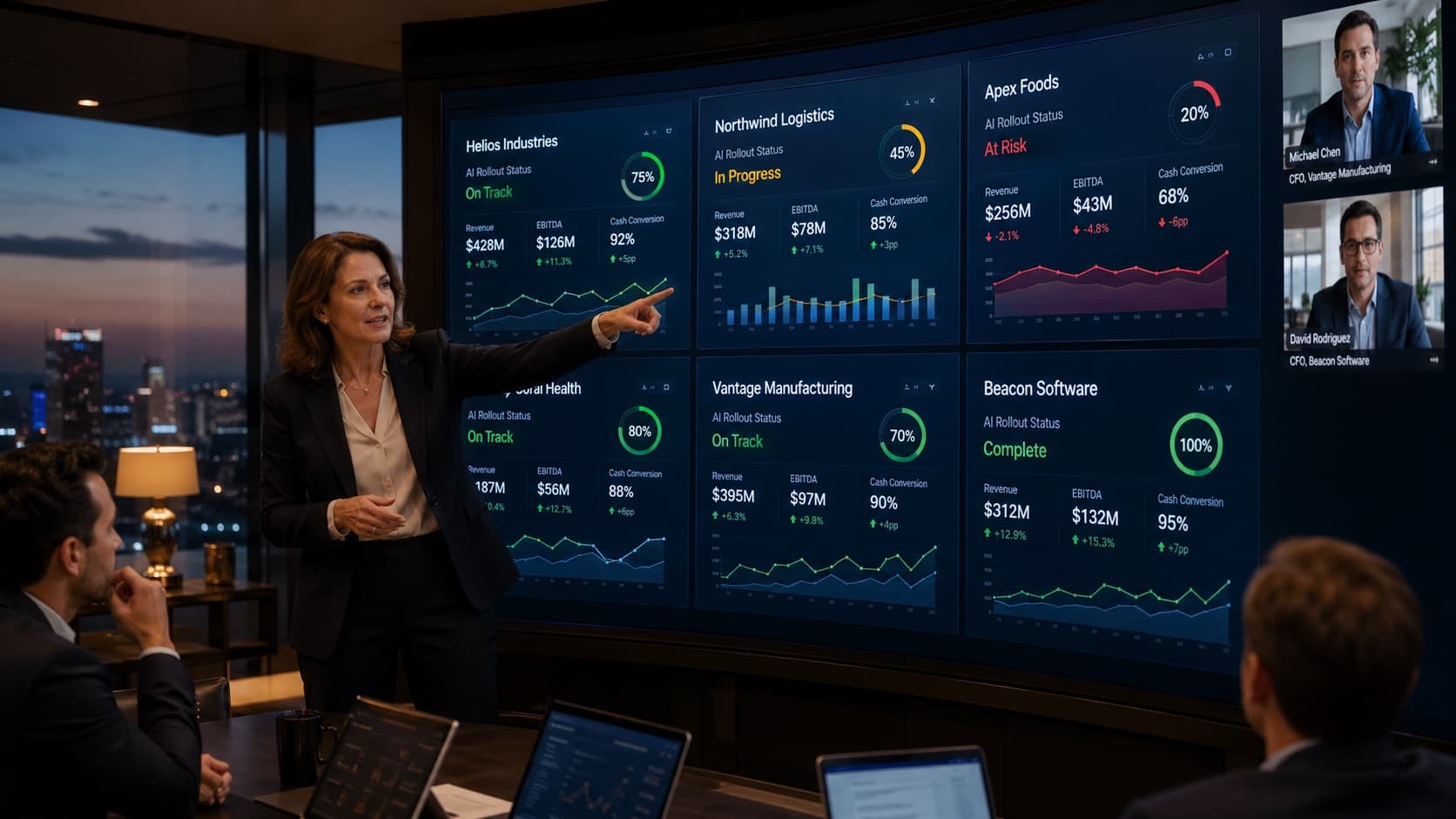 Female PE operating partner gesturing at a wall display showing six portfolio-company dashboards with AI rollout status, alongside two CFO video panels, against a dusk skyline.
