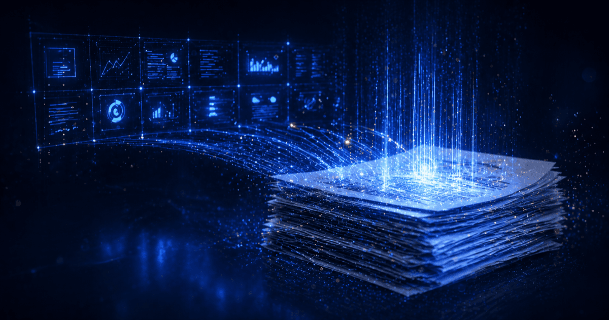 A stack of documents illuminated by streams of vivid blue light, with key data points extracting upward into a translucent grid of dashboard tiles, illustrating generative AI in PE deal diligence.