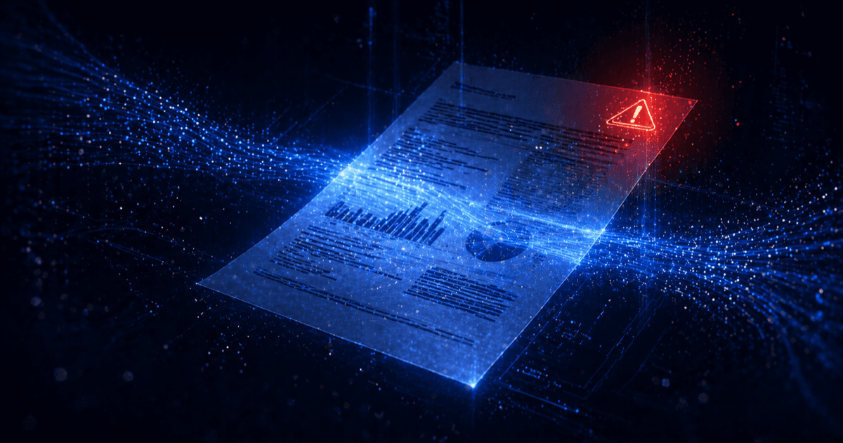 A document floating in space being scanned by streams of vivid blue analytical light, with a small red warning triangle in the upper right corner — caution amid analysis.