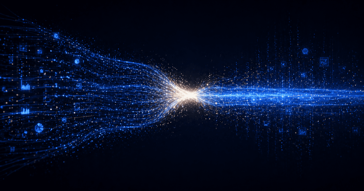 Two distinct digital data streams flowing in from opposite sides and merging into a single unified flow at center, with a bright white-gold fusion point — illustrating post-merger integration.