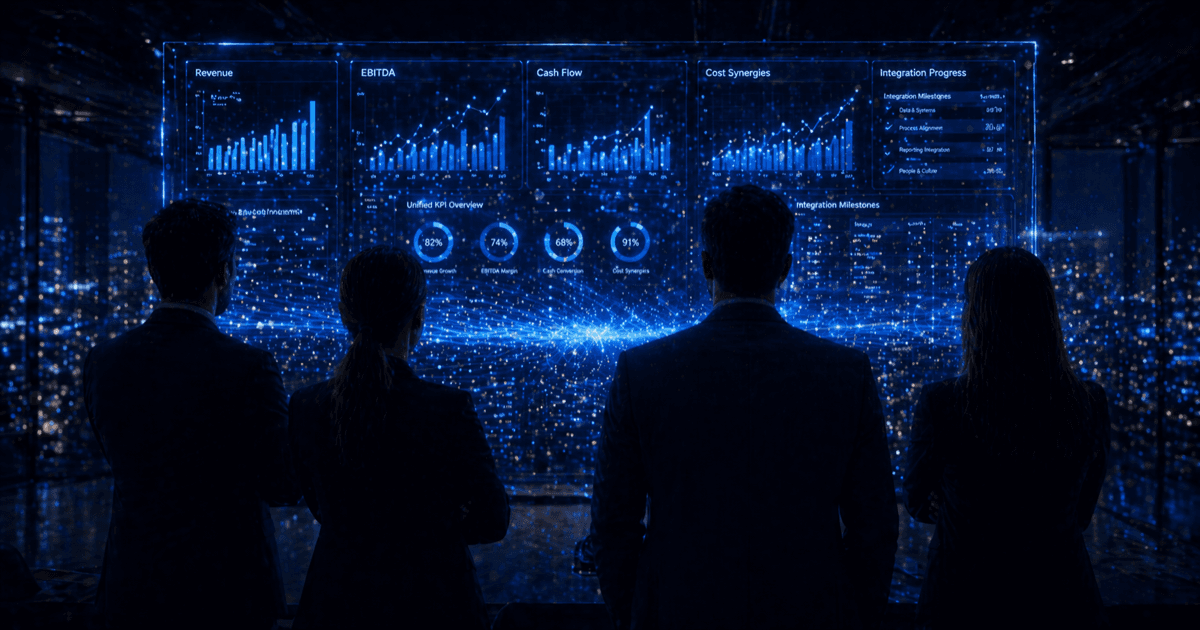 Four professionals silhouetted from behind facing a unified KPI dashboard wall showing Revenue, EBITDA, Cash Flow, Cost Synergies, and Integration Progress — change management as the binding constraint.