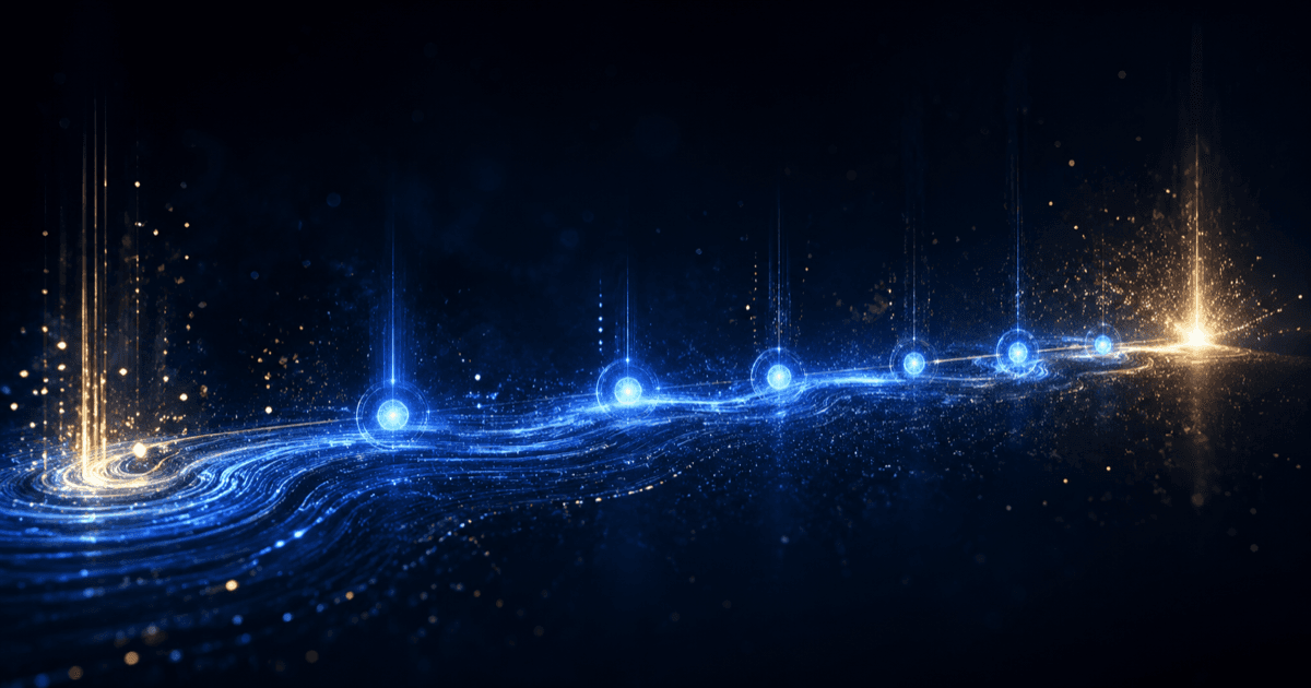 Glowing river of light flowing across a dark navy expanse, with five blue milestone orbs marking phases of the PE hold period from initial investment to exit, accented by warm gold at the start and end.