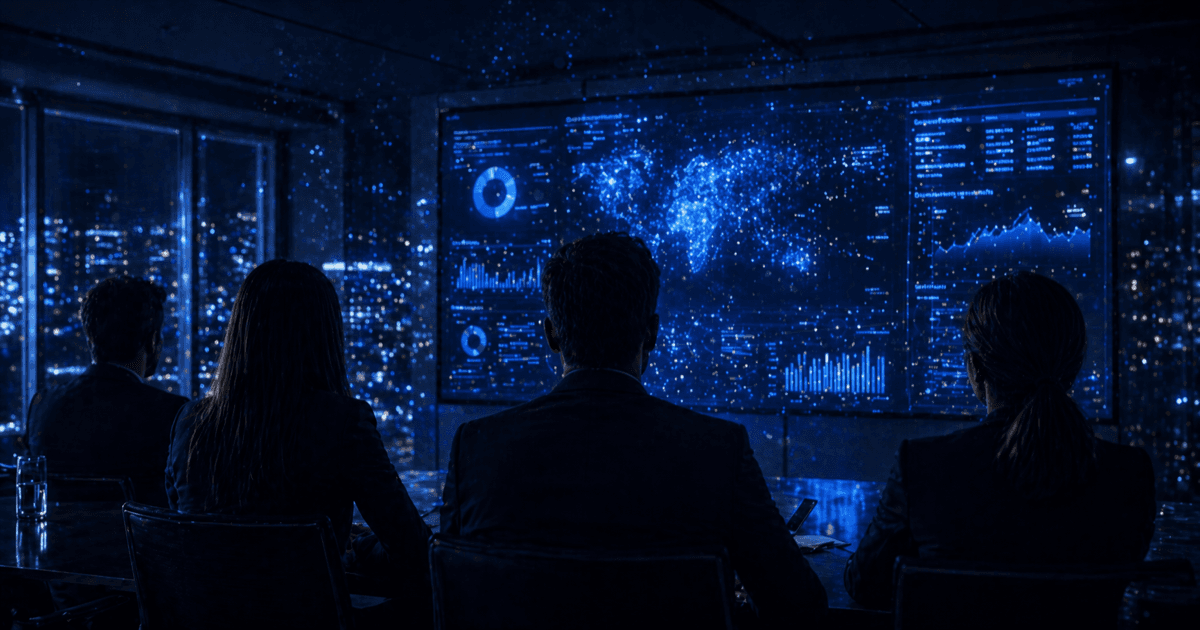 Four professionals silhouetted from behind facing a wall of glowing data dashboards in a modern boardroom, illustrating the team-shipping-with-AI capability that the playbook treats as the binding deliverable.