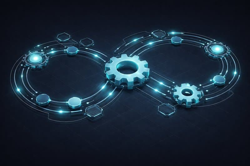 Workflow automation gears and infinity loop representing continuous intelligent processes