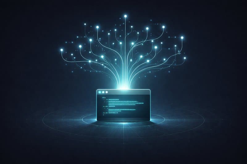 AI training visualization with laptop and neural network tree branching upward