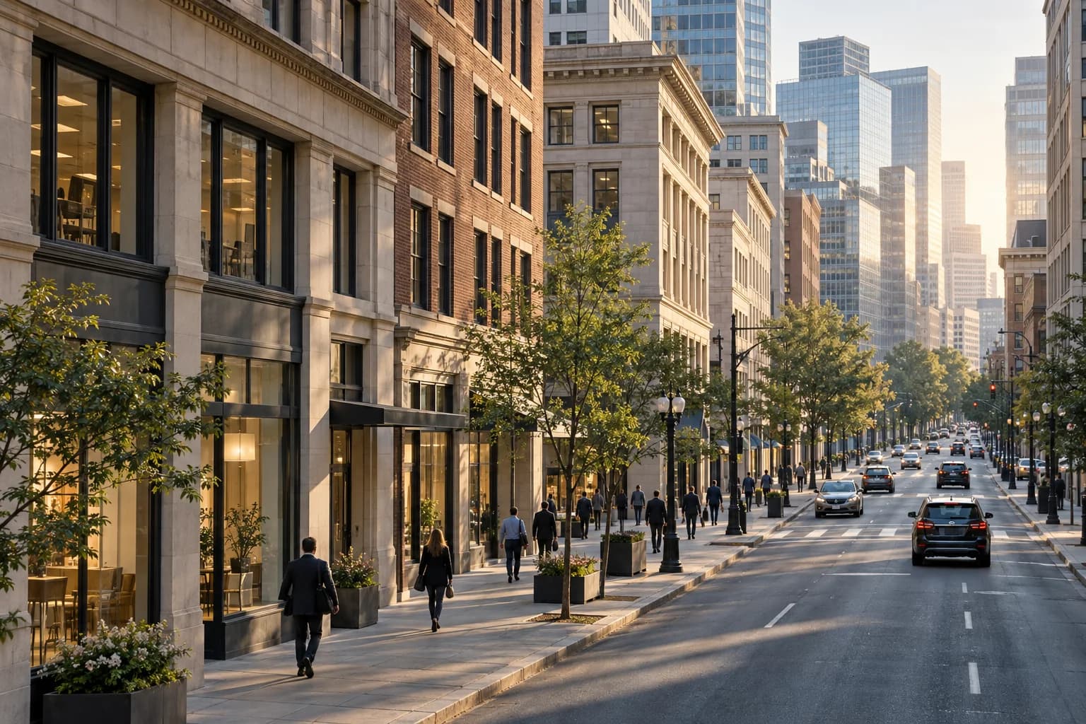 Illustrative downtown business district with morning light, storefronts and people walking to work